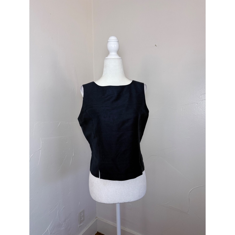 Vintage 90s Tommy Hilfiger 100% Silk Navy Button Back Shell Top Size 8